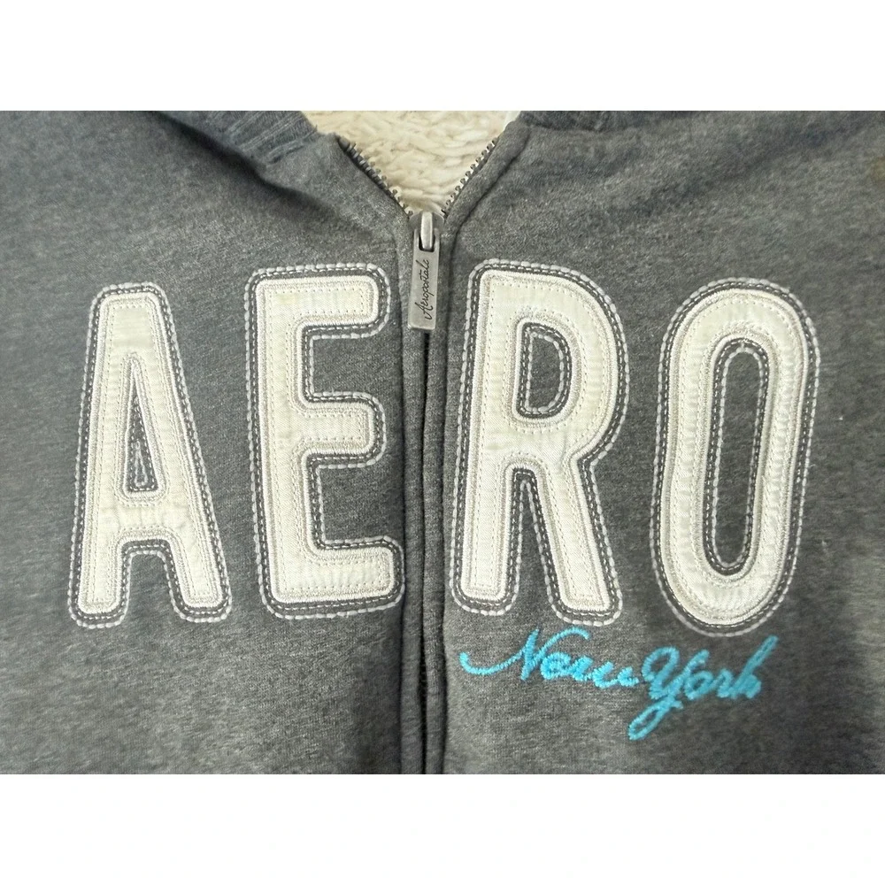 Y2K Aeropostale Aero New York Sherpa Lined Zip Up Hoodie Gray Medium